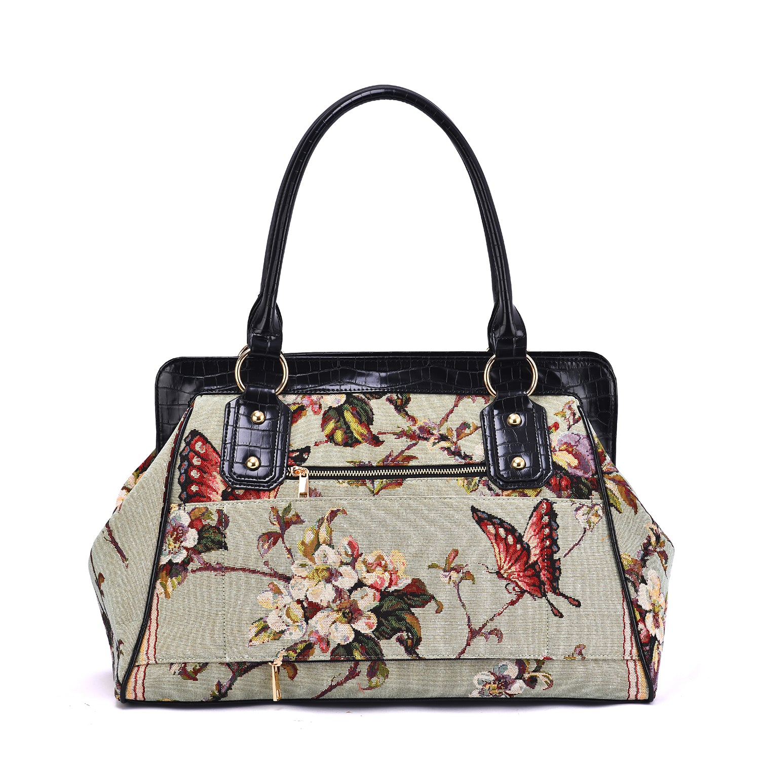 Mellow World green vegan‑leather weekender handbag with colorful embroidered butterfly tapestry and gold‑tone stud accents, back view