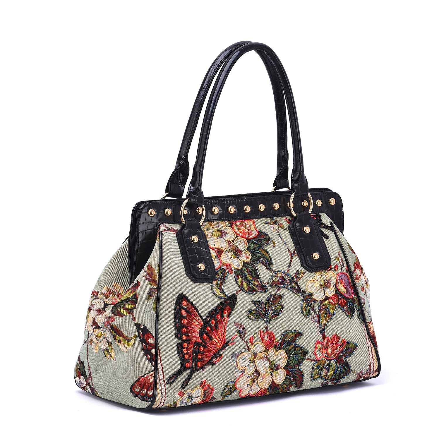 Mellow World green vegan‑leather weekender handbag with colorful embroidered butterfly tapestry and gold‑tone stud accents, side view