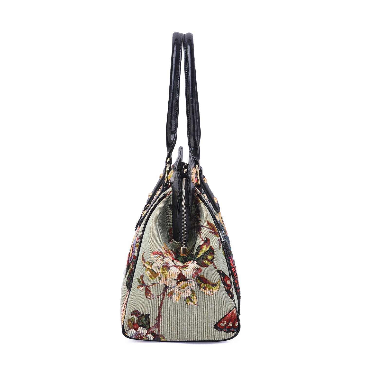 Mellow World green vegan‑leather weekender handbag with colorful embroidered butterfly tapestry and gold‑tone stud accents, side view