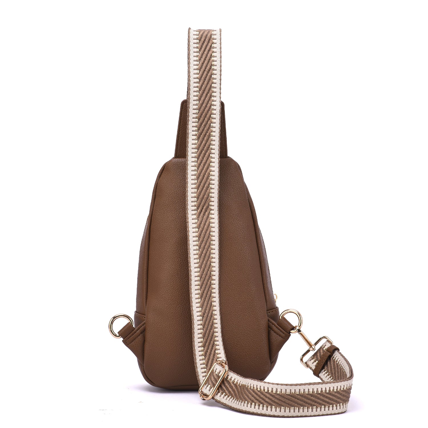 Back side of brown sling bag with beige strap