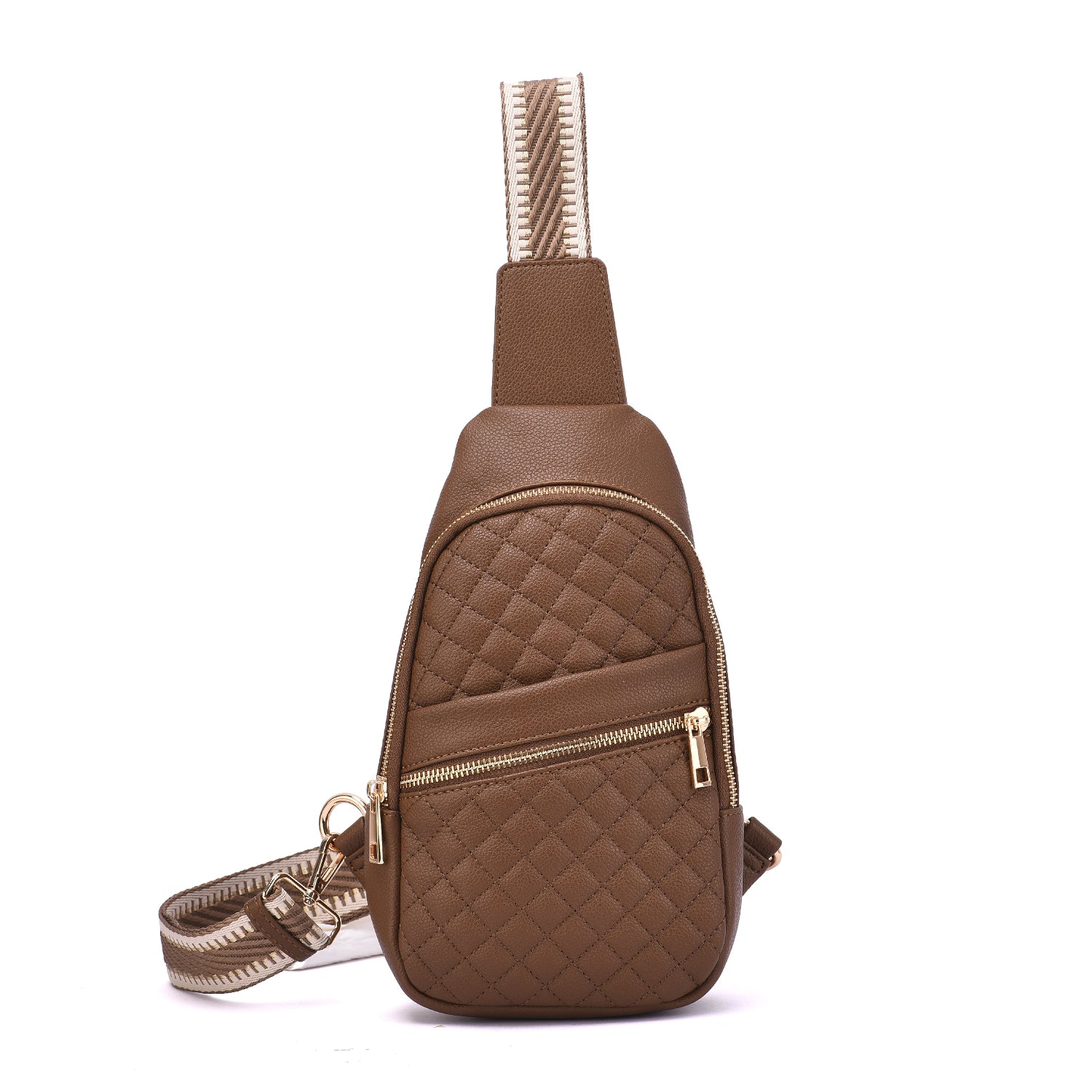 Brown quilted sling bag with gold hardware