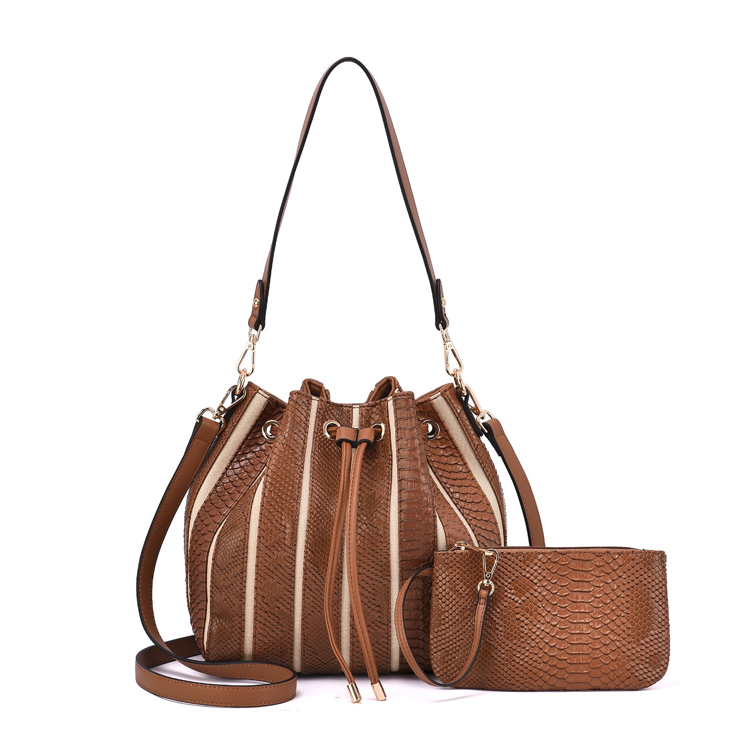 Marla Two-Toned Drawstring Bucket Bag with Pouch