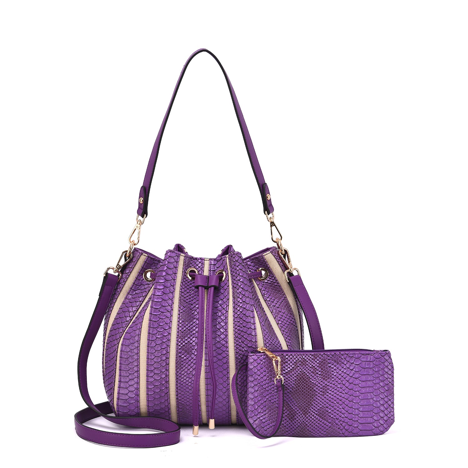 Marla Two-Toned Drawstring Bucket Bag with Pouch