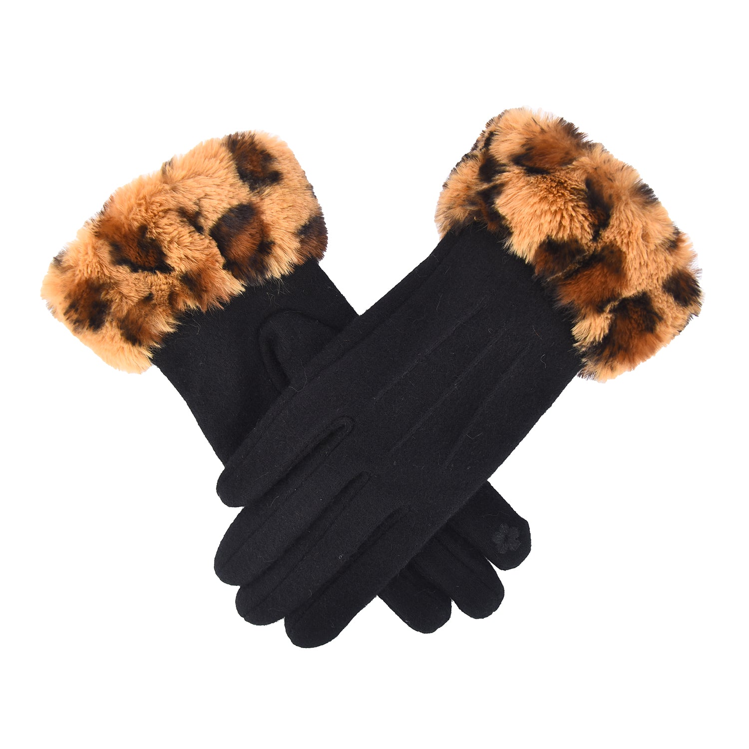 Asha Women Wool Gloves with Faux Fur Leopard Print Cuffs - Mellow World