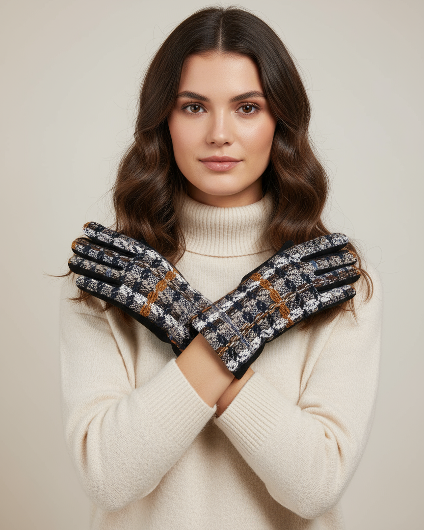 Woman wearing a cream sweater and patterned gloves against a beige background