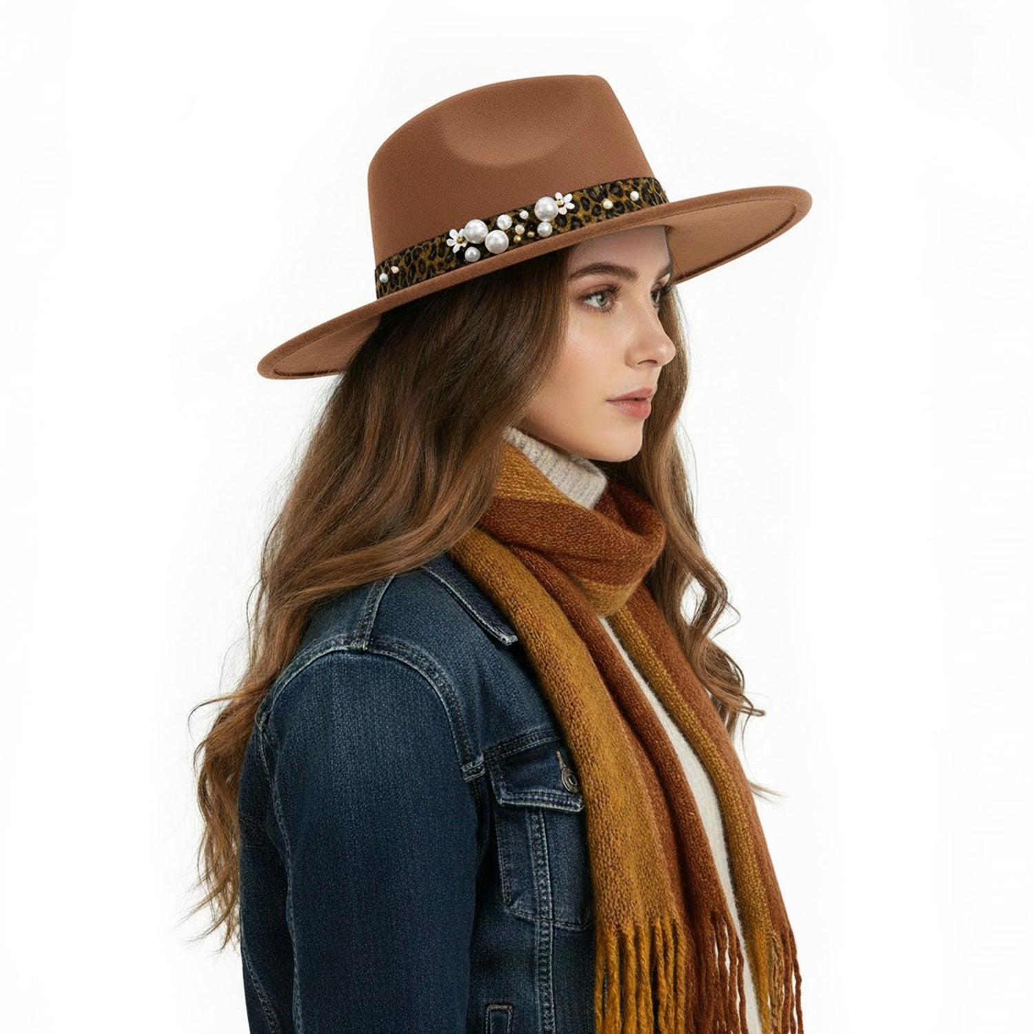 Women's Felt Leopard & Pearl Band Felt Fedora - Mellow World