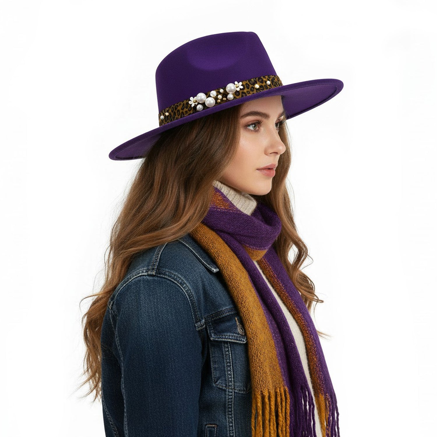 Women's Felt Leopard & Pearl Band Felt Fedora - Mellow World