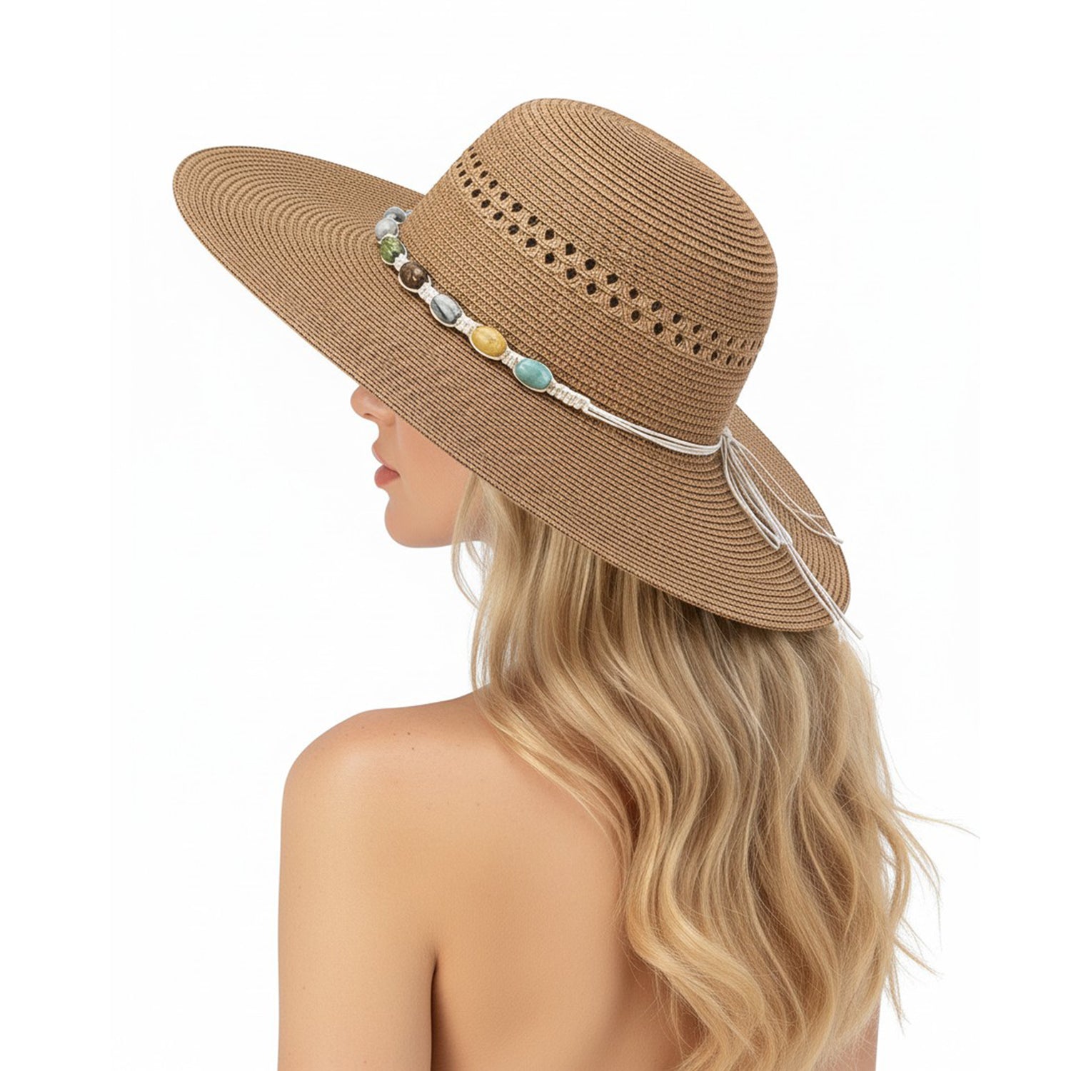Women's Floppy Straw Hat With Beaded Band - Mellow World