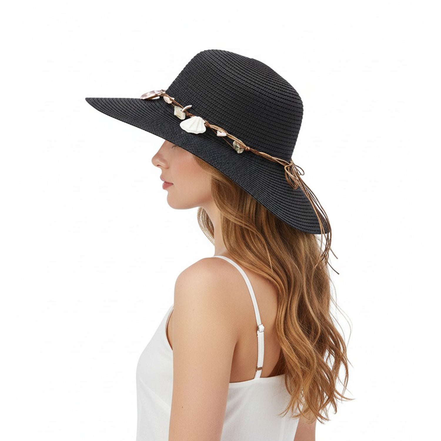 Women's Straw Hat with Shell & Bead Trim - Mellow World
