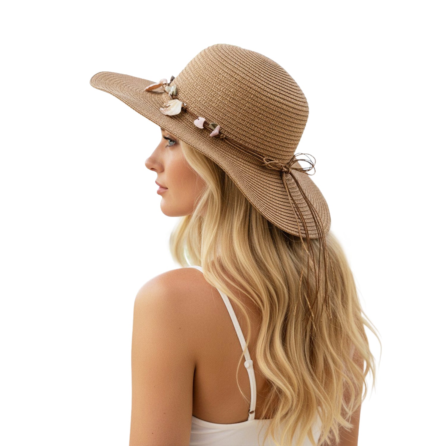 Women's Straw Hat with Shell & Bead Trim - Mellow World