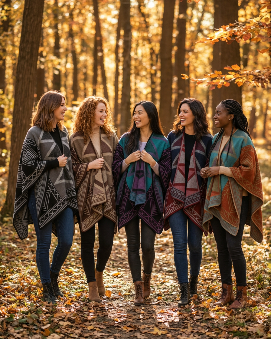 Five women walking in a forest wearing patterned scarves.