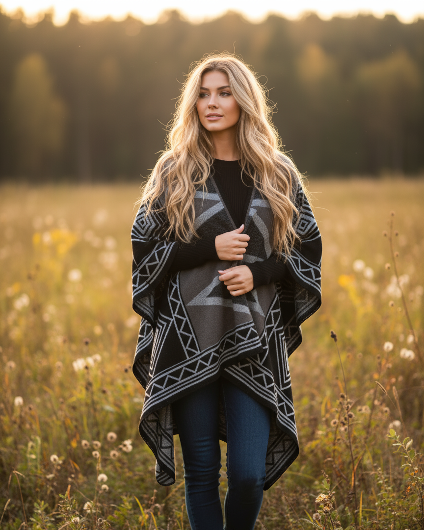 Women's Geometric Open-Front Shawl