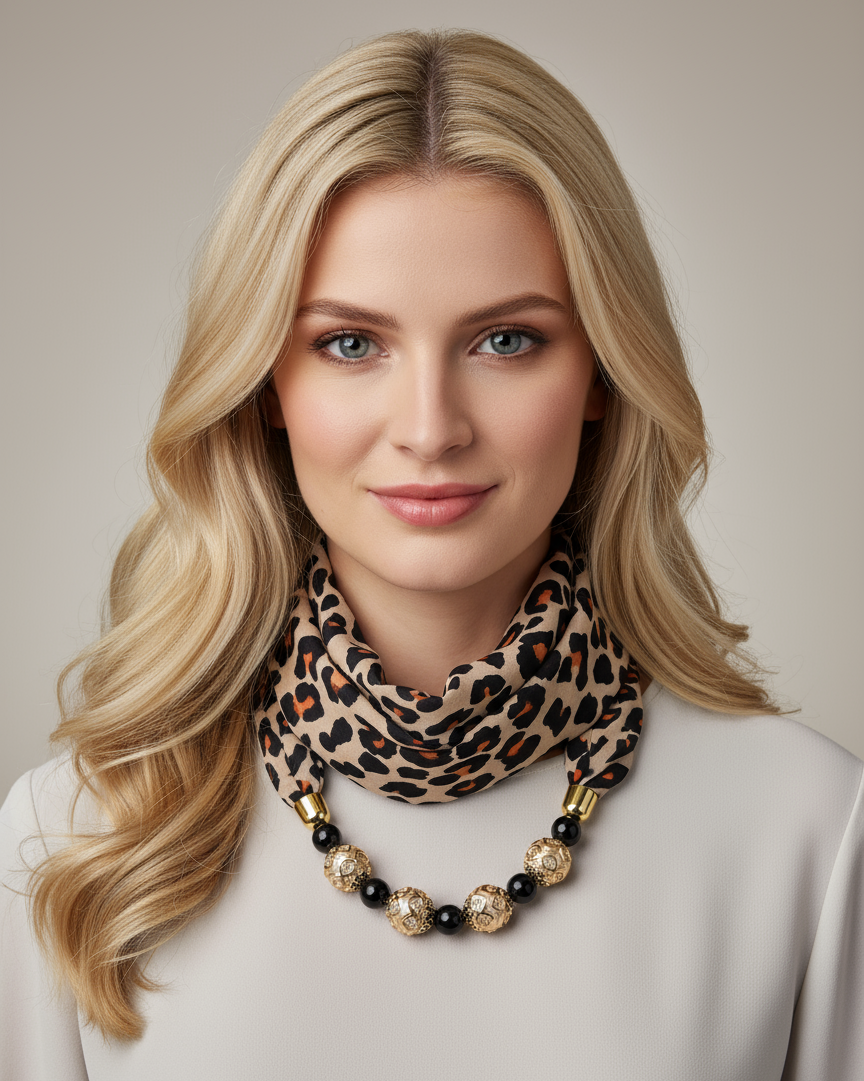 Leya Women's Leopard Printed Infinity Scarf with Beaded Pearls