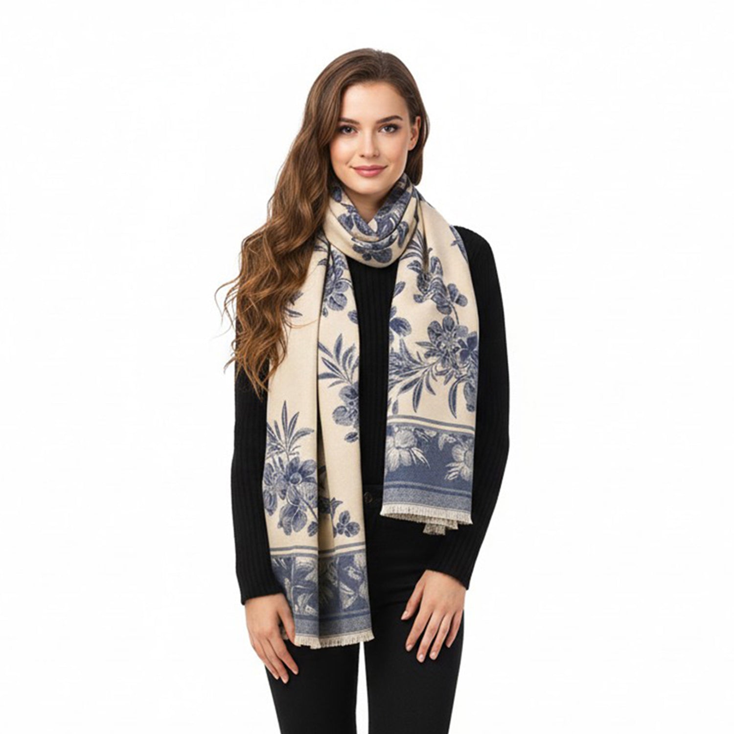 Women's Floral Wrap Scarf With Fringe Trim - Mellow World