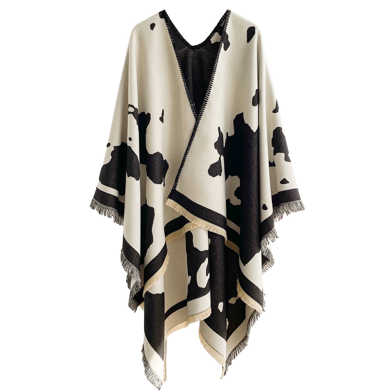 Women's Cow Print Wrap With Fringe Trim - Mellow World