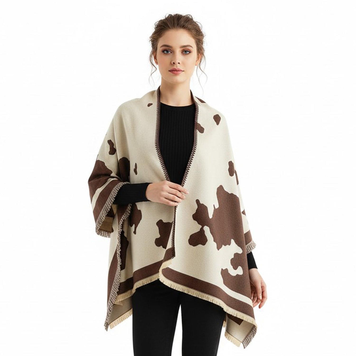 Women's Cow Print Wrap With Fringe Trim - Mellow World