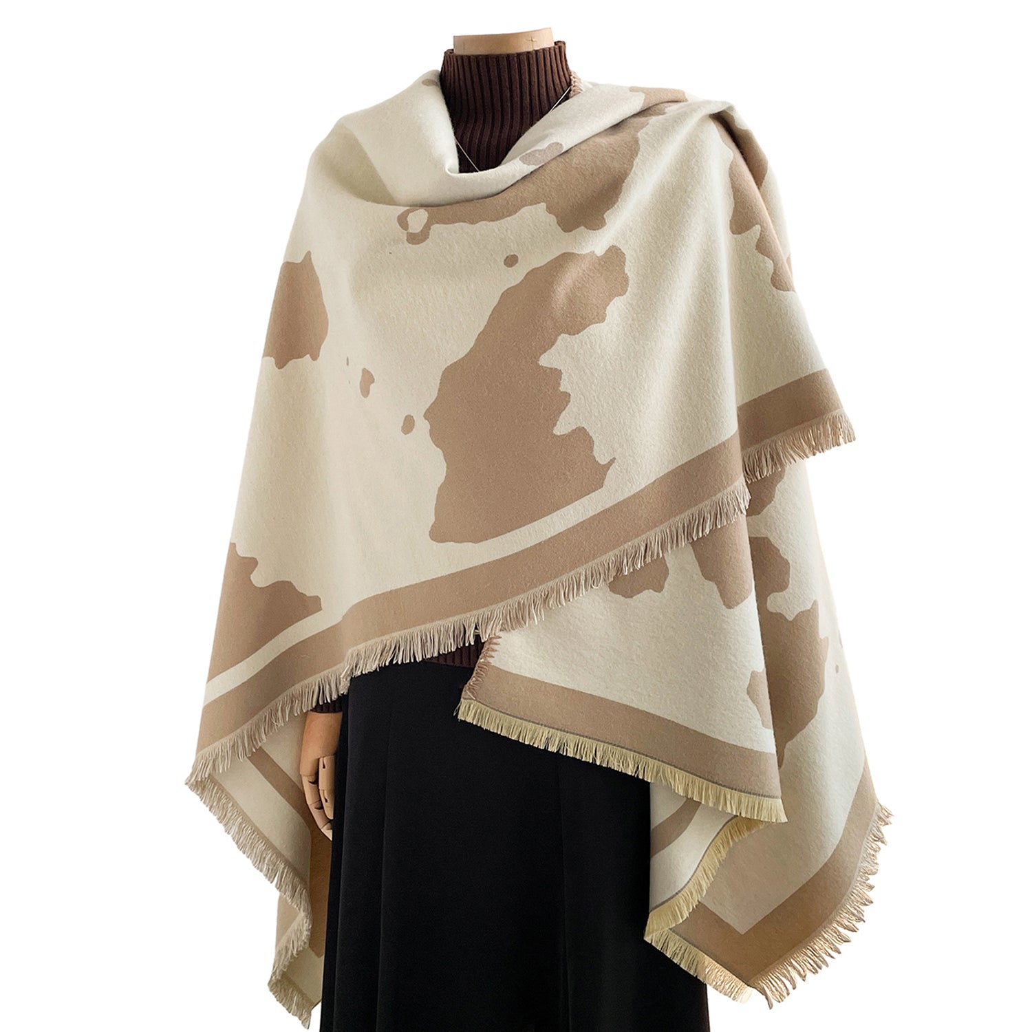 Women's Cow Print Wrap With Fringe Trim - Mellow World