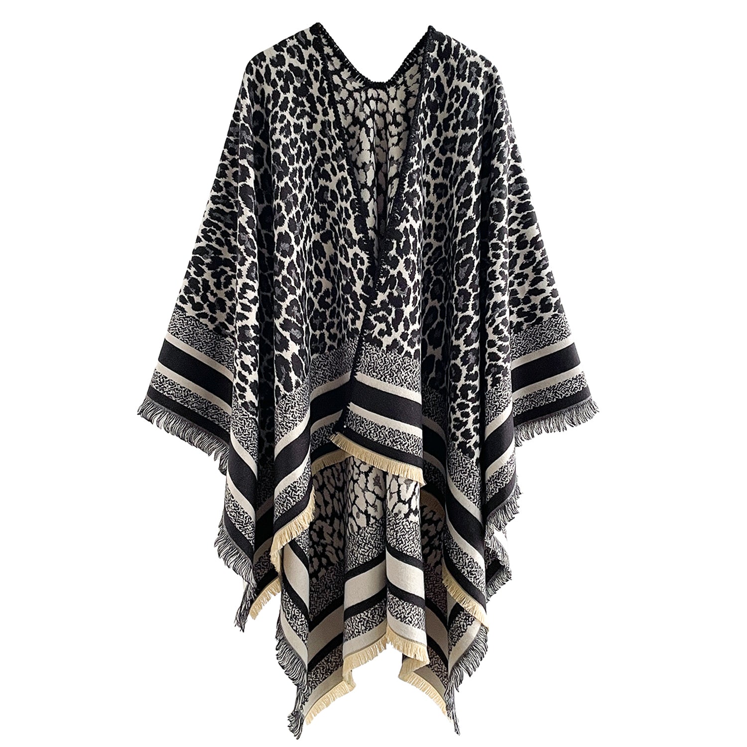 Women's Leopard Print Wrap With Fringe Trim - Mellow World