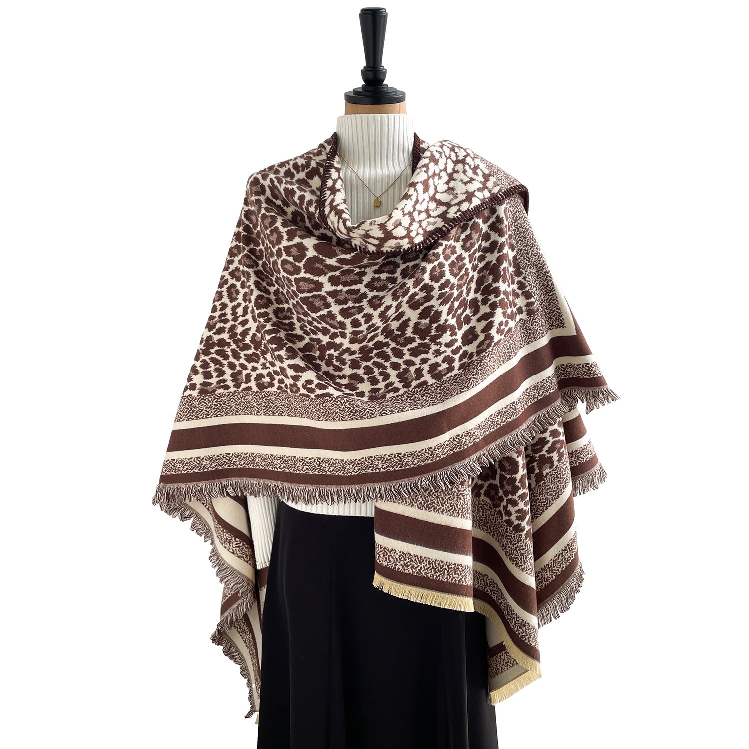 Women's Leopard Print Wrap With Fringe Trim - Mellow World