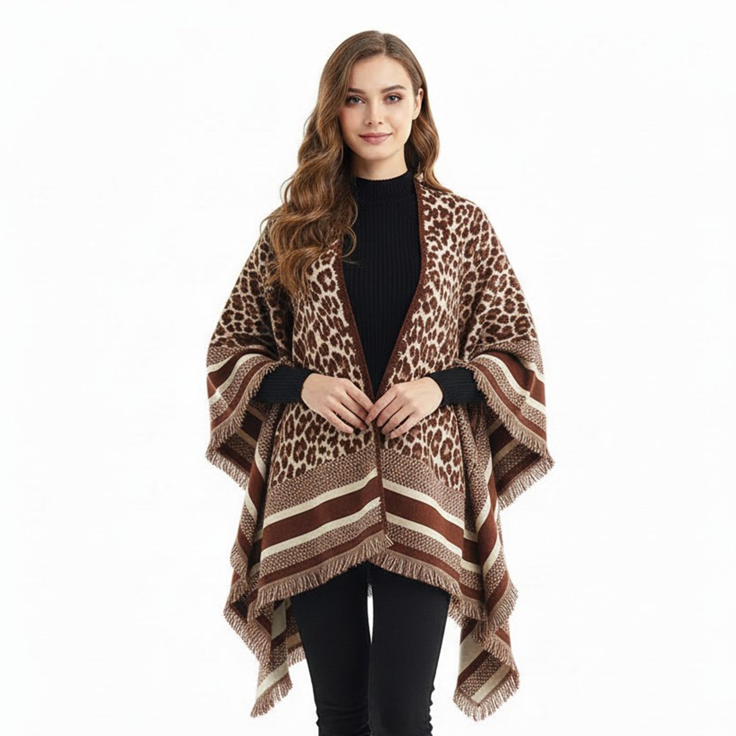 Women's Leopard Print Wrap With Fringe Trim - Mellow World