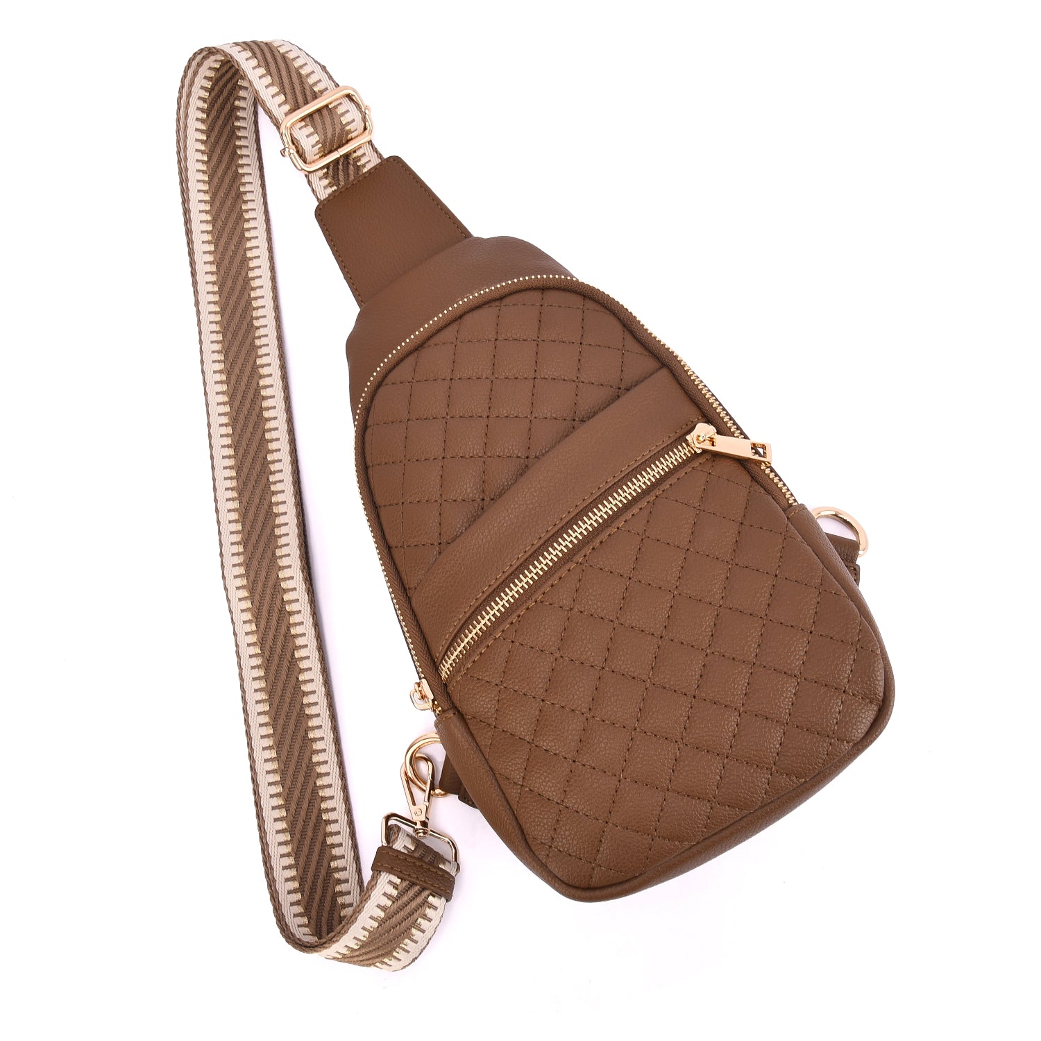Brown quilted crossbody bag with gold hardware