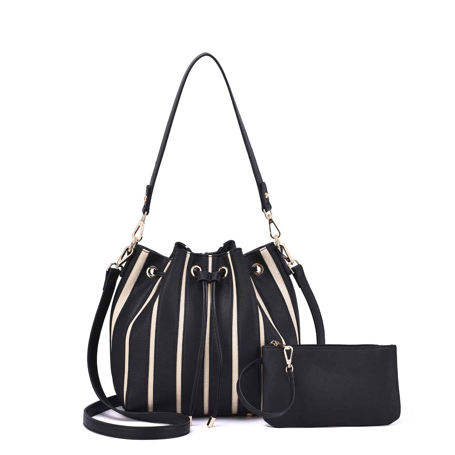 Marla Two-Toned Drawstring Bucket Bag with Pouch
