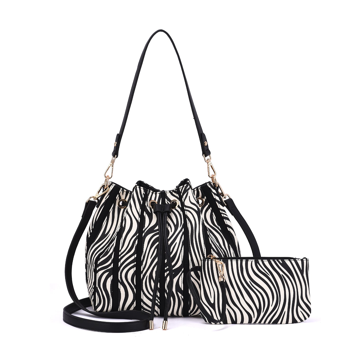 Marla Two-Toned Drawstring Bucket Bag with Pouch