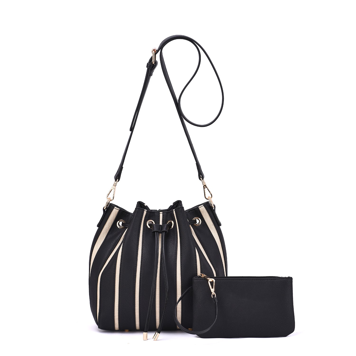 Marla Two-Toned Drawstring Bucket Bag with Pouch