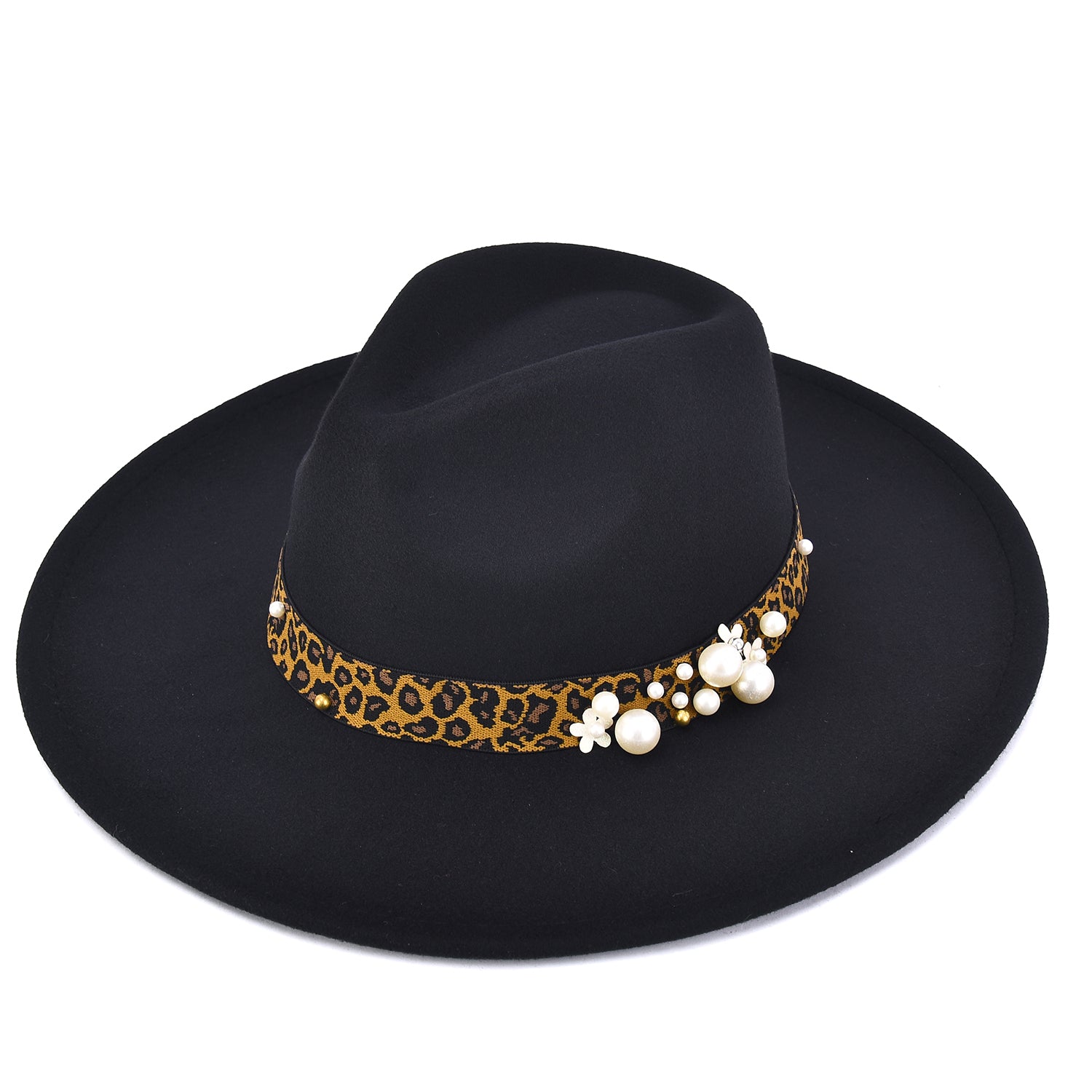 Women's Felt Leopard & Pearl Band Felt Fedora - Mellow World 