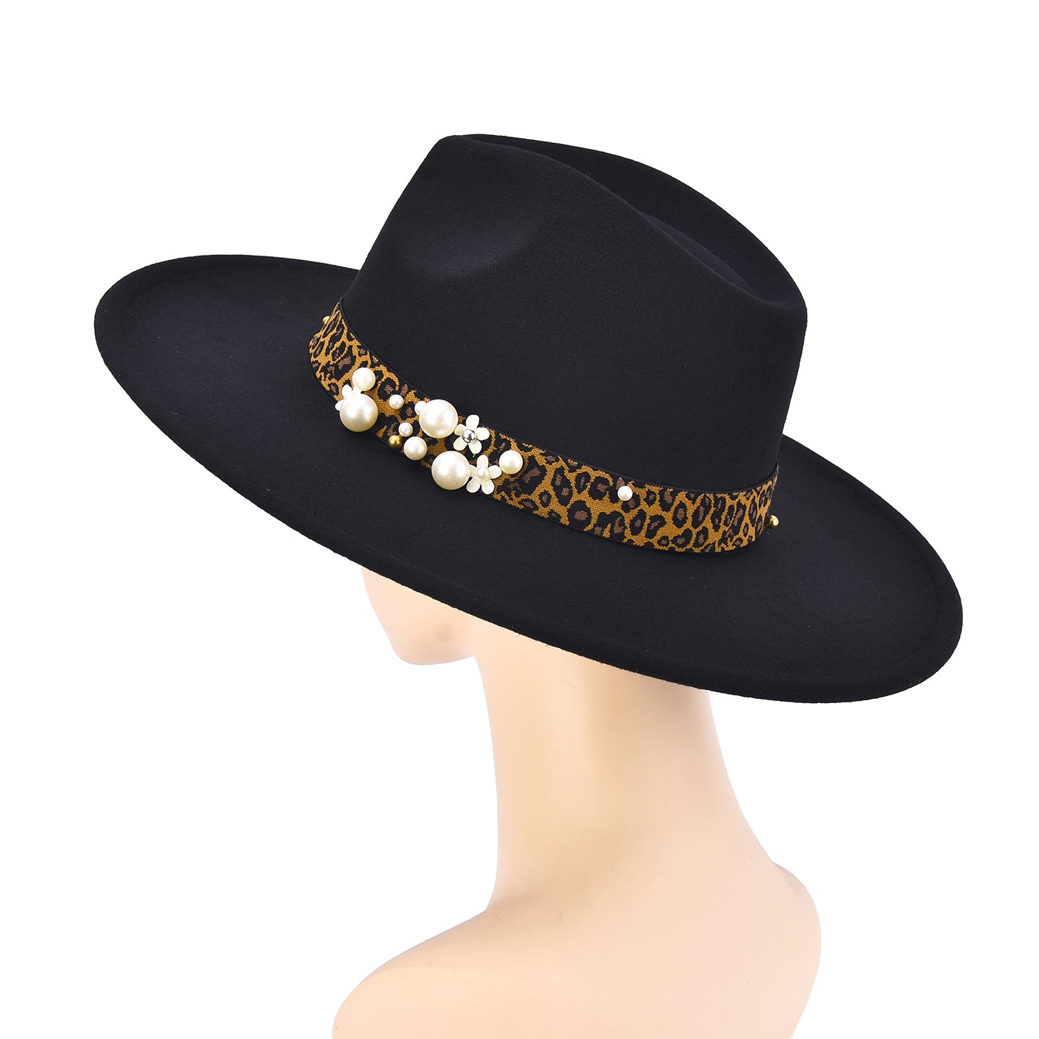 Women's Felt Leopard & Pearl Band Felt Fedora - Mellow World 