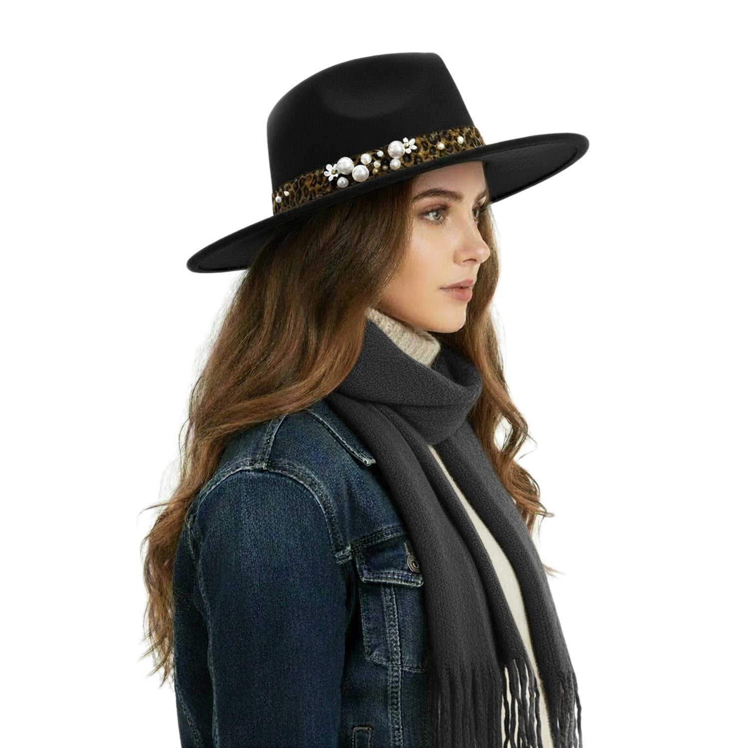 Women's Felt Leopard & Pearl Band Felt Fedora - Mellow World 