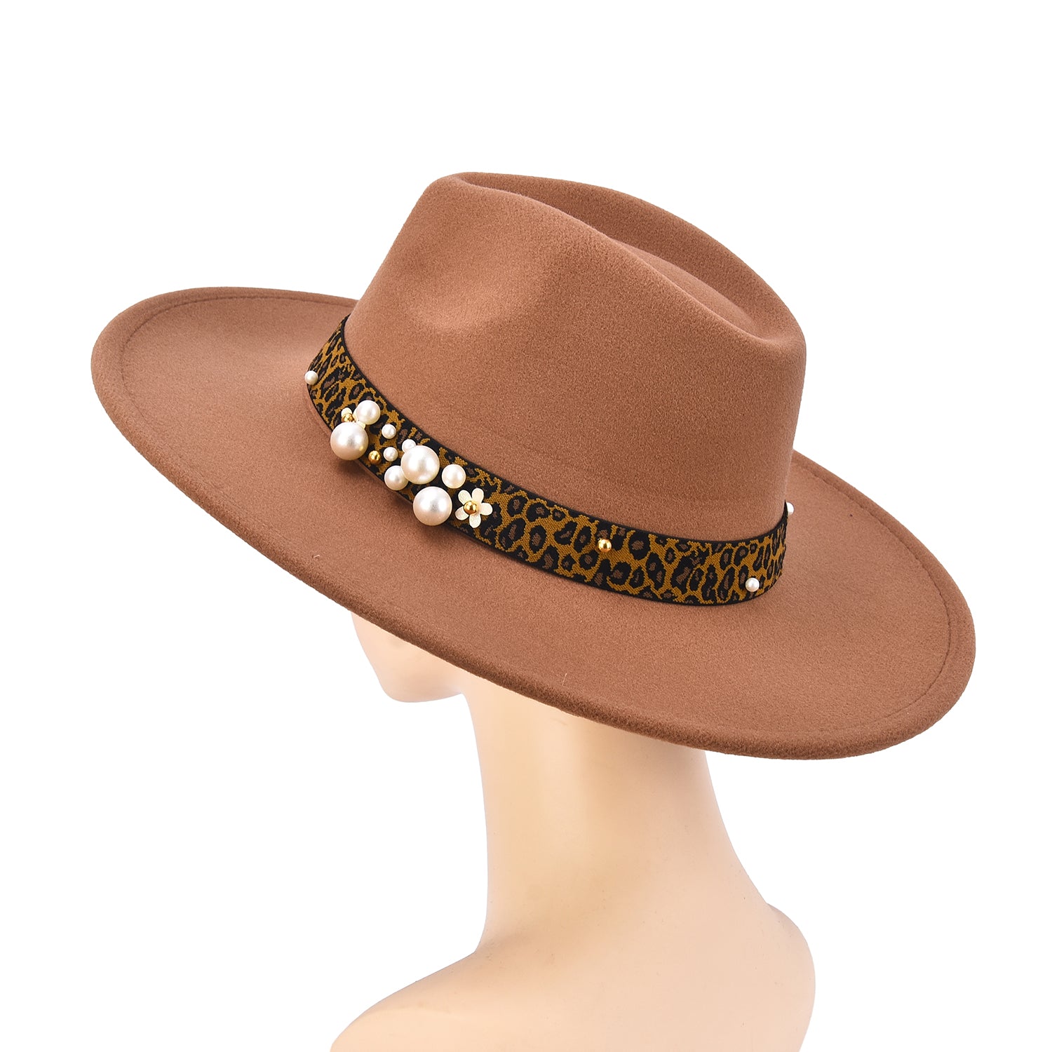 Women's Felt Leopard & Pearl Band Felt Fedora - Mellow World 