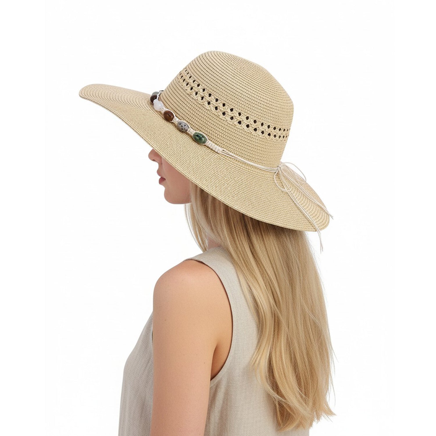 Women's Floppy Straw Hat With Beaded Band - Mellow World 