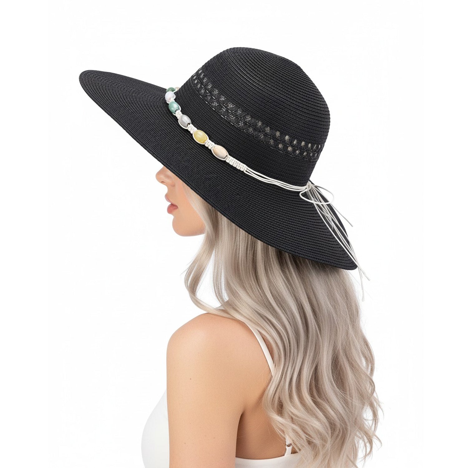 Women's Floppy Straw Hat With Beaded Band - Mellow World 