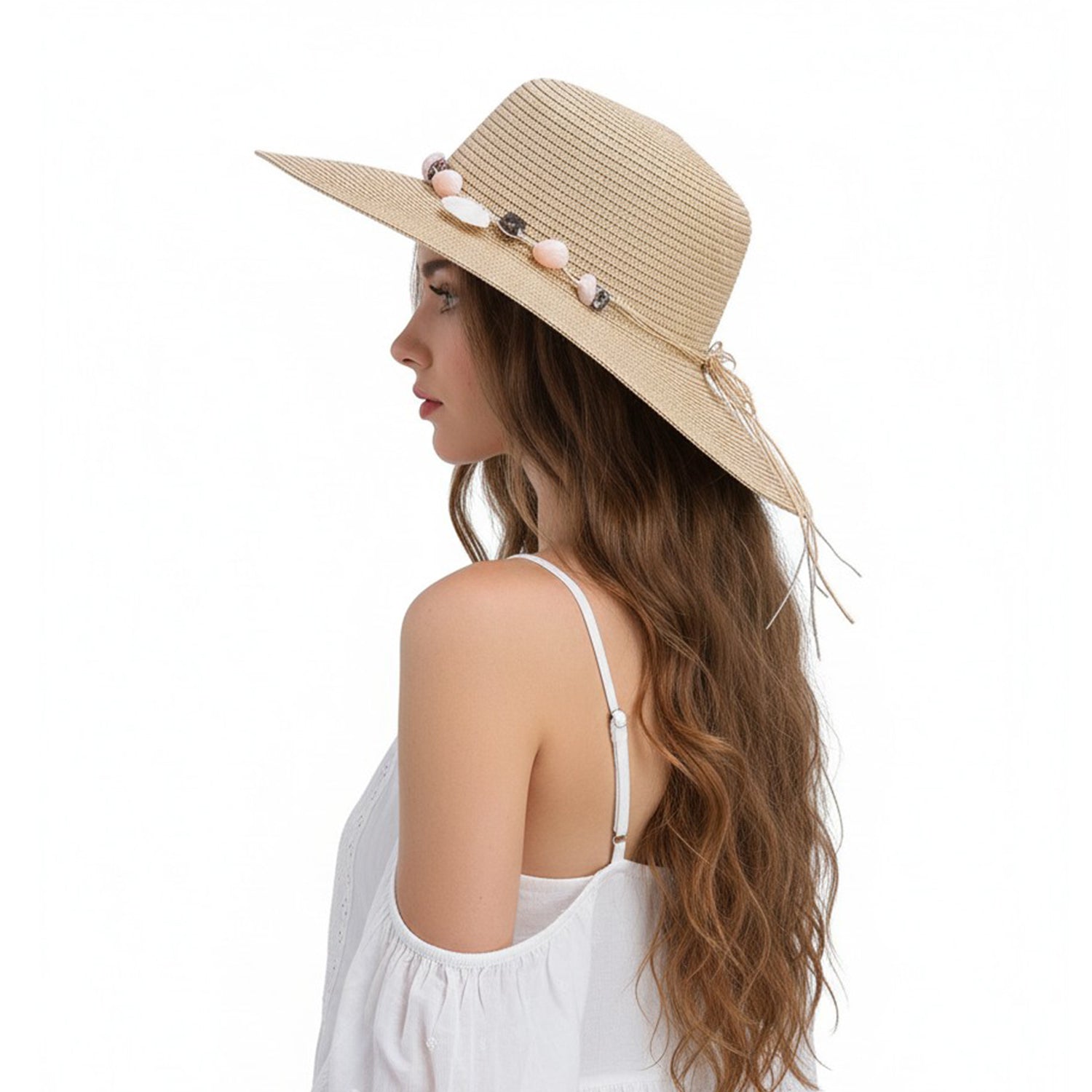 Women's Straw Hat with Shell & Bead Trim - Mellow World 