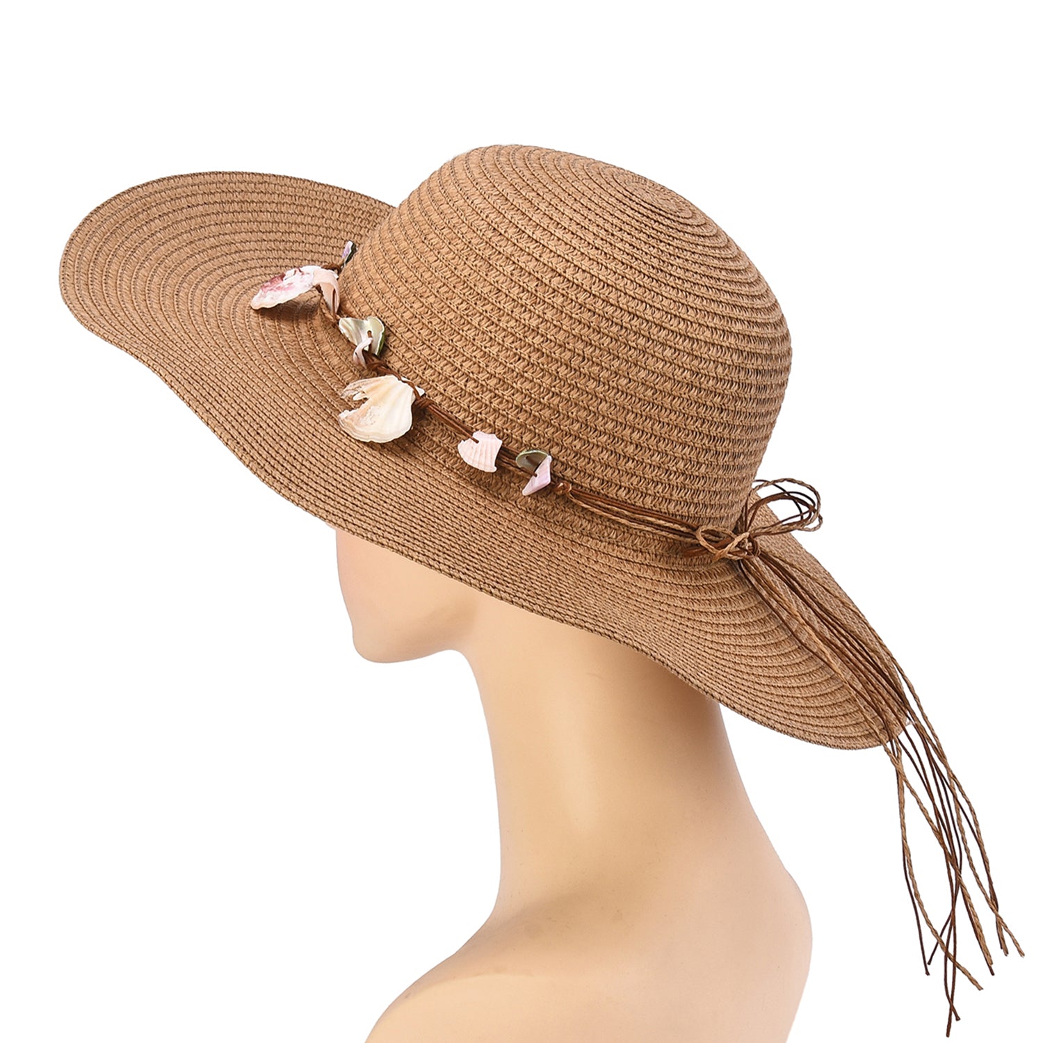 Women's Straw Hat with Shell & Bead Trim - Mellow World 