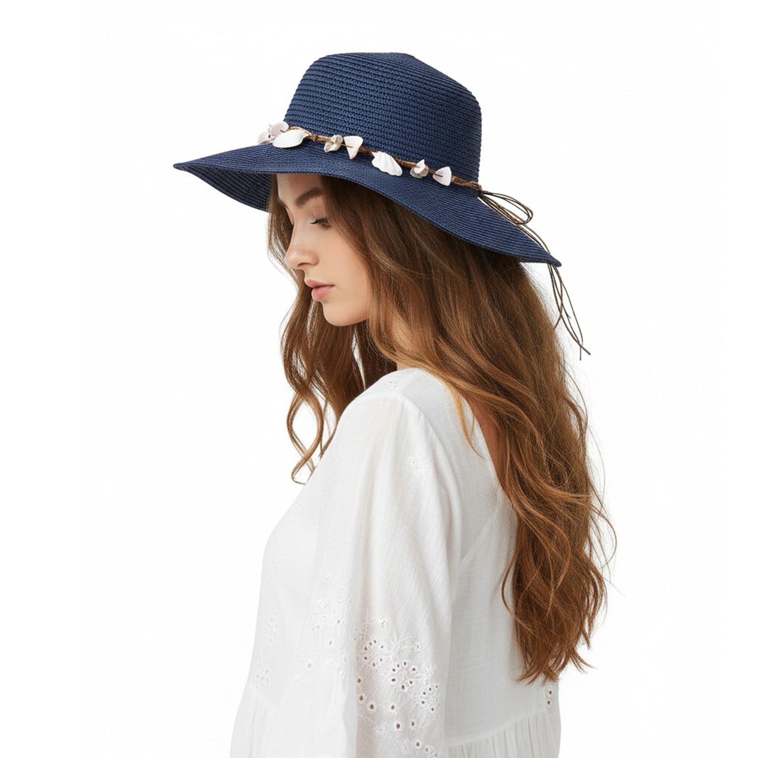 Women's Straw Hat with Shell & Bead Trim - Mellow World 
