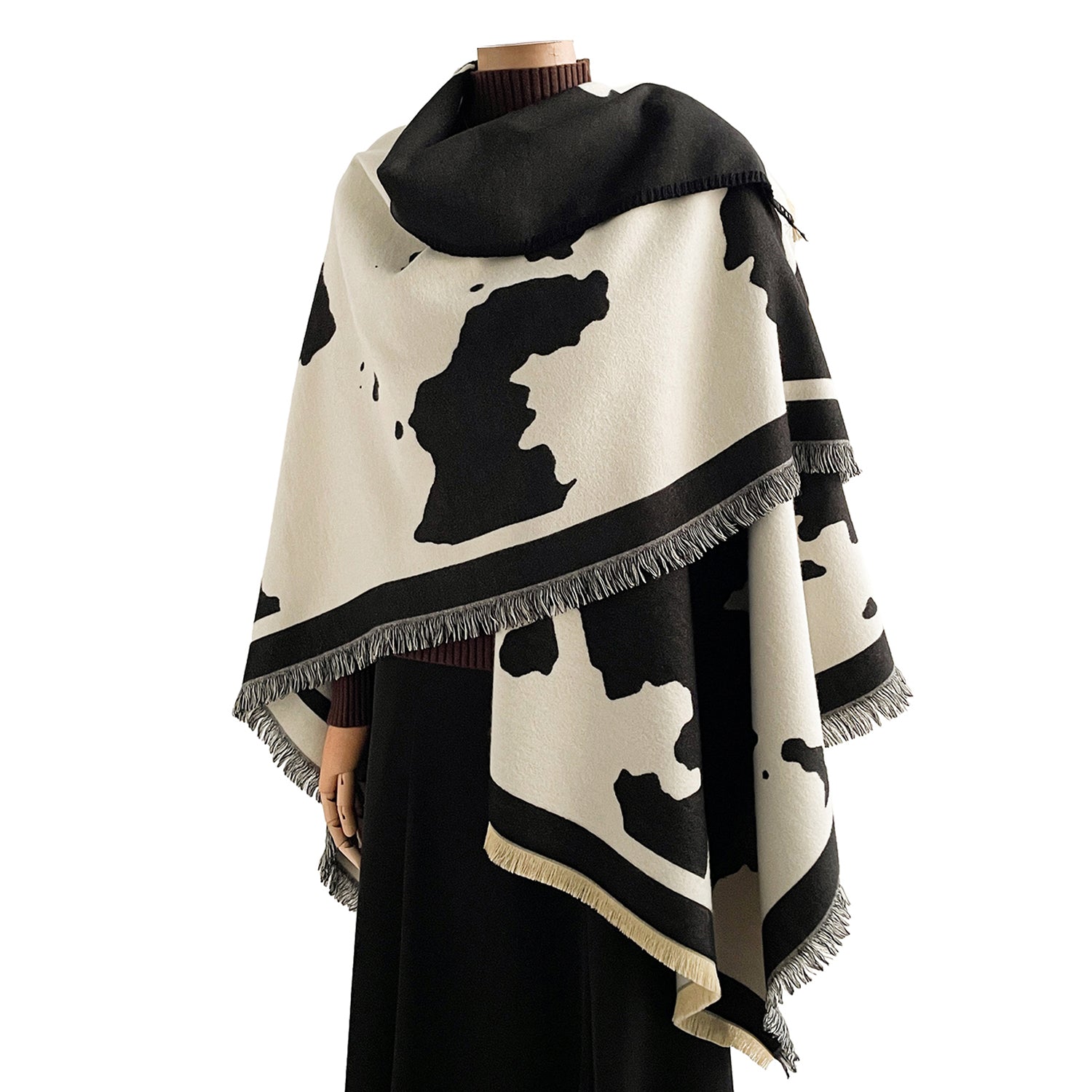Women's Cow Print Wrap With Fringe Trim - Mellow World 