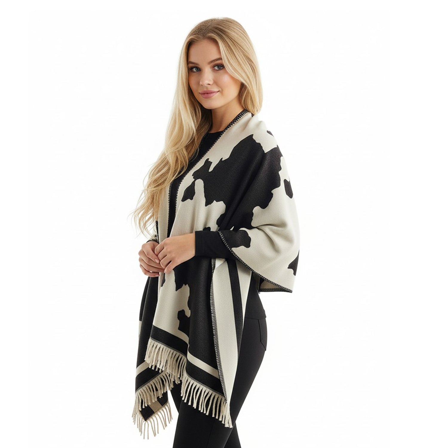 Women's Cow Print Wrap With Fringe Trim - Mellow World 