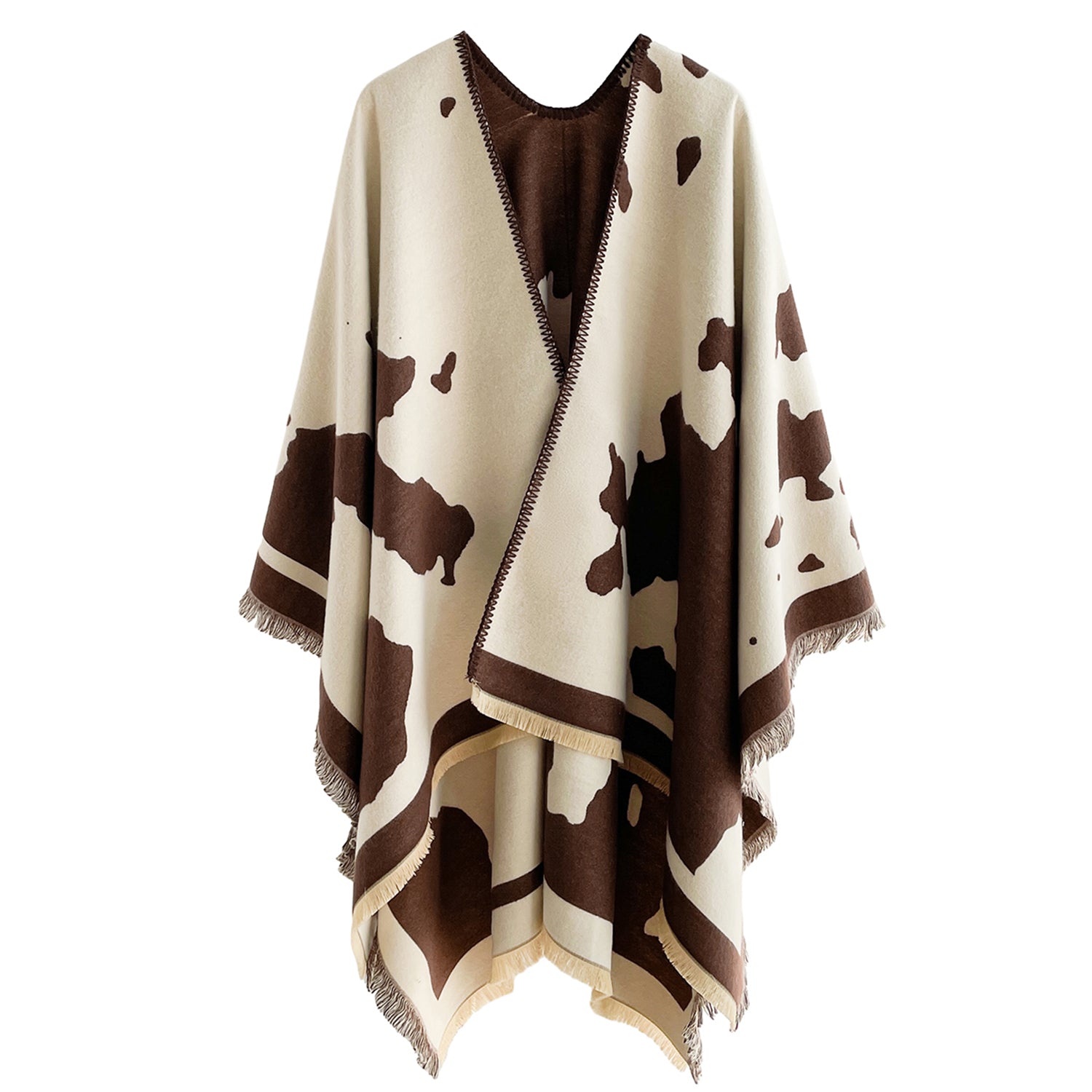 Women's Cow Print Wrap With Fringe Trim - Mellow World 