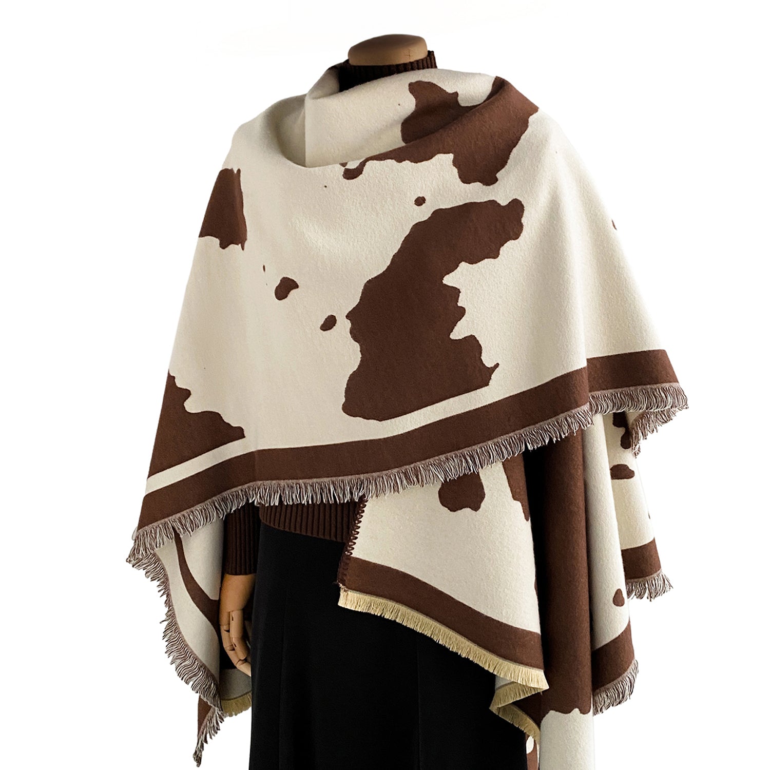 Women's Cow Print Wrap With Fringe Trim - Mellow World 