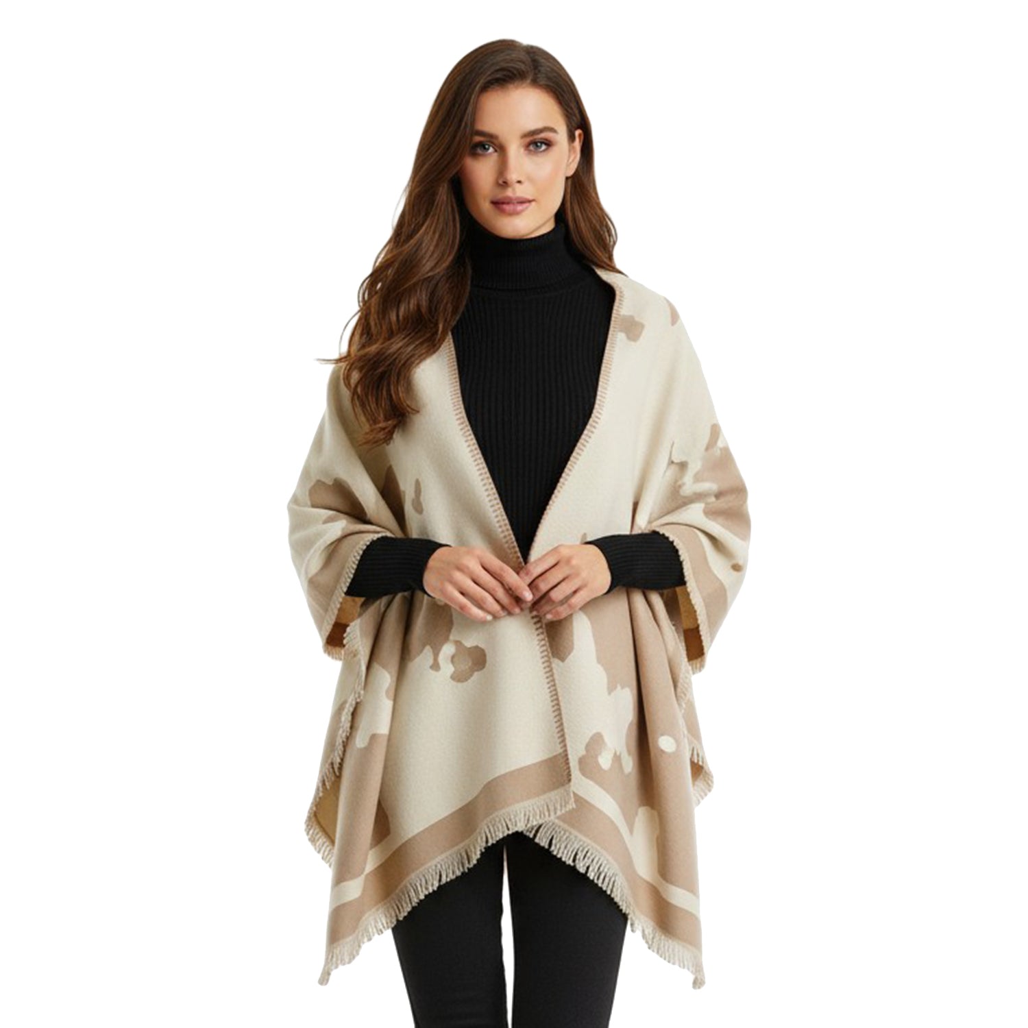 Women's Cow Print Wrap With Fringe Trim - Mellow World 