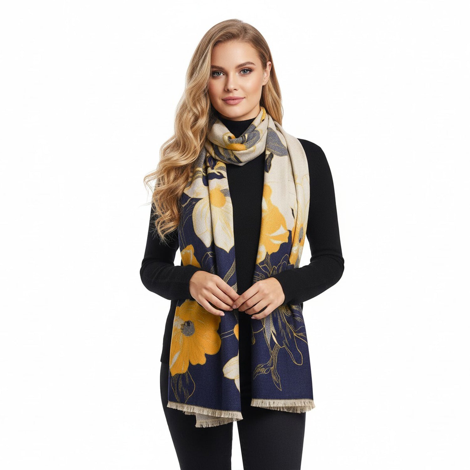 Women's Reversible Floral Print Wrap With Fringe - Mellow World 
