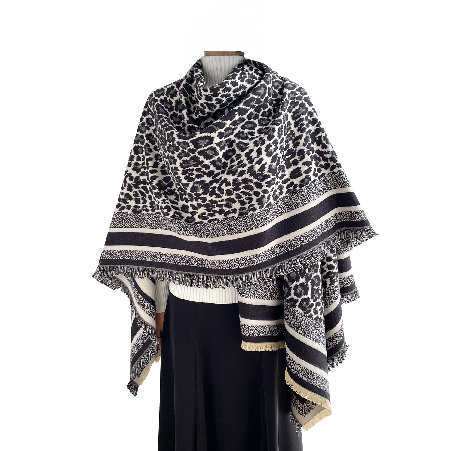 Women's Leopard Print Wrap With Fringe Trim - Mellow World 