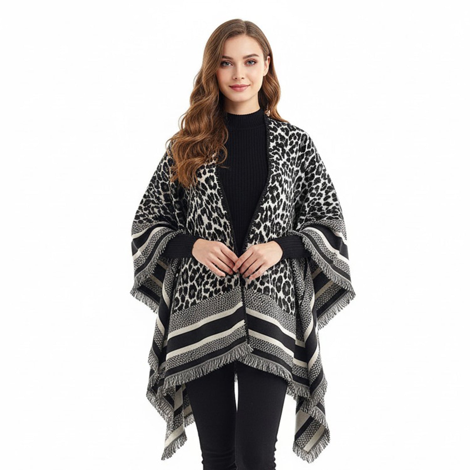 Women's Leopard Print Wrap With Fringe Trim - Mellow World 
