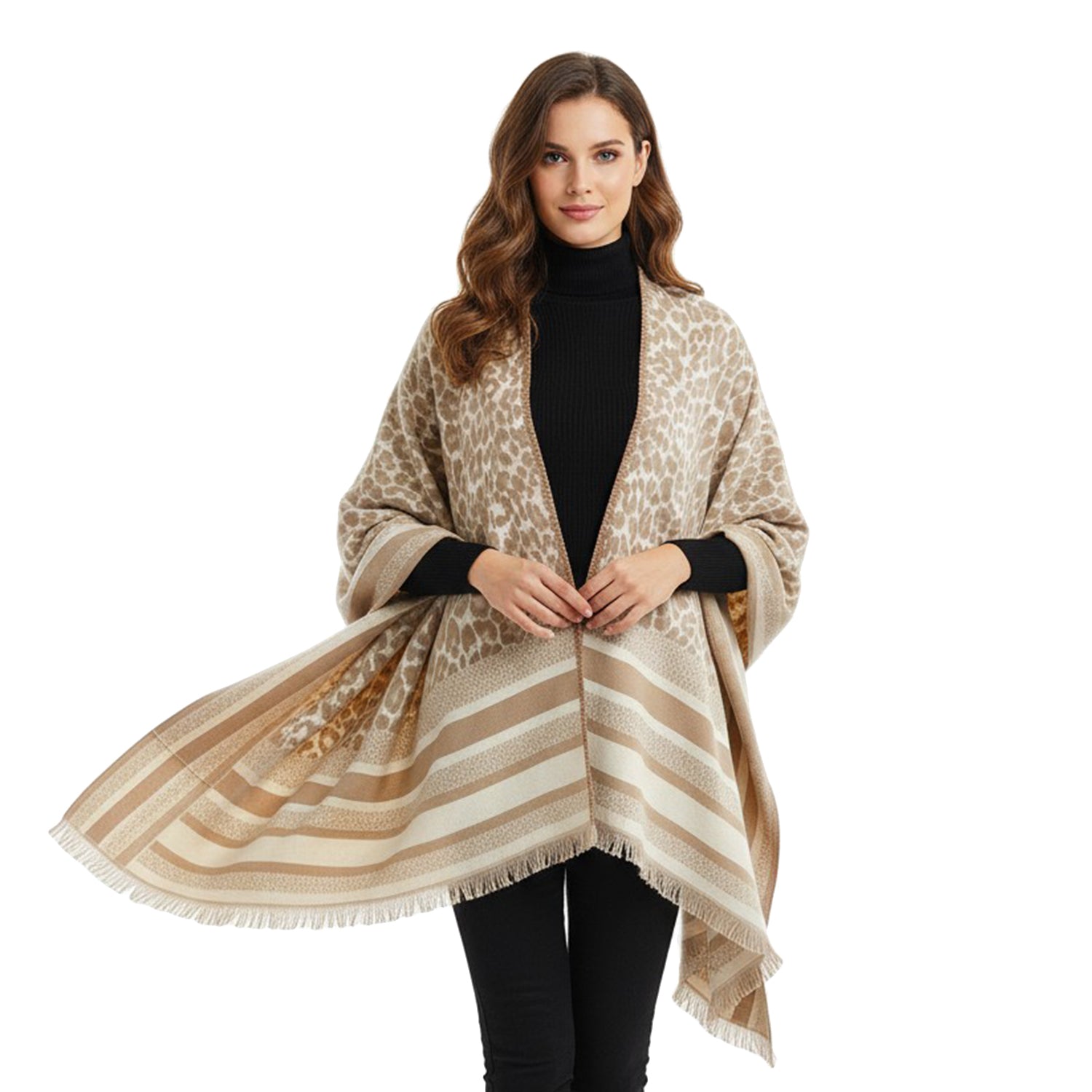 Women's Leopard Print Wrap With Fringe Trim - Mellow World 